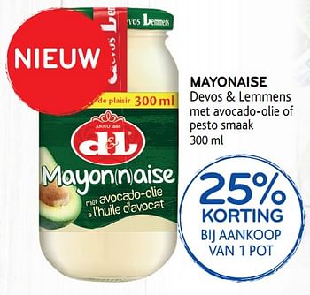 Promoties Mayonaise 25% korting bij aankoop van 1 pot - Devos Lemmens - Geldig van 26/09/2018 tot 09/10/2018 bij Alvo