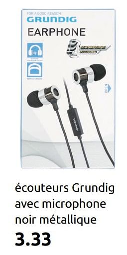 Promotions Écouteurs grundig avec microphone noir métallique - Grundig - Valide de 19/09/2018 à 25/09/2018 chez Action