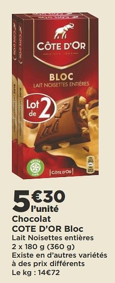 Promotions Chocolat cote d`or bloc - Cote D'Or - Valide de 18/09/2018 à 30/09/2018 chez Super Casino