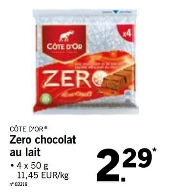 Promotions Zero chocolat au lait - Cote D'Or - Valide de 24/09/2018 à 29/09/2018 chez Lidl