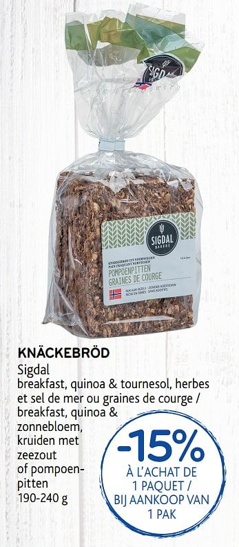 Promoties Knäckebröd sigdal - Sigdal Bakeri - Geldig van 26/09/2018 tot 09/10/2018 bij Alvo