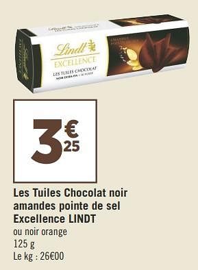 Promotions Les tuiles chocolat noir amandes pointe de sel excellence lindt - Lindt - Valide de 18/09/2018 à 30/09/2018 chez Géant Casino