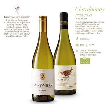 Promotions Chardonnay reserva `aves del sur` - Vins blancs - Valide de 17/09/2018 à 31/10/2018 chez Aldi