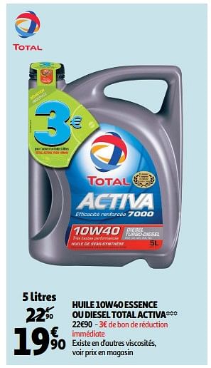 Promotions Huile 10w40 essence ou diesel total activa - Total - Valide de 19/09/2018 à 25/09/2018 chez Auchan Ronq
