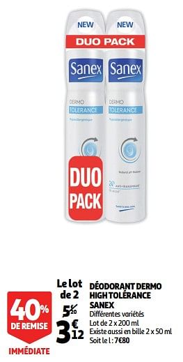 Promoties Déodorant dermo high tolérance sanex - Sanex - Geldig van 19/09/2018 tot 25/09/2018 bij Auchan