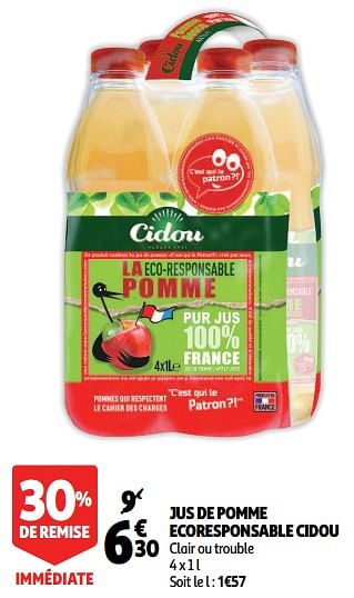 Promotions Jus de pomme ecoresponsable cidou - Cidou - Valide de 19/09/2018 à 25/09/2018 chez Auchan Ronq