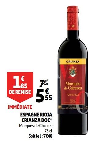Promoties Espagne rioja crianza doc - Rode wijnen - Geldig van 19/09/2018 tot 25/09/2018 bij Auchan