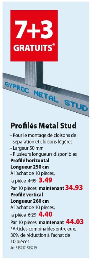 Promotions Profilés metal stud - Gyproc - Valide de 26/09/2018 à 08/10/2018 chez Gamma