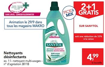 Promotions Nettoyants désinfectants - Sanytol - Valide de 26/09/2018 à 09/10/2018 chez Makro