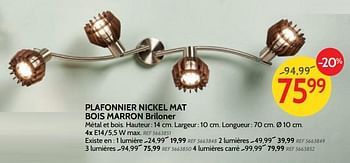 Promotions Plafonnier nickel mat bois marron briloner - Briloner - Valide de 26/09/2018 à 22/10/2018 chez BricoPlanit