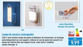 Promotions Lampe de secours rechargeable - Produit maison - Aldi - Valide de 25/09/2018 à 29/09/2018 chez Aldi