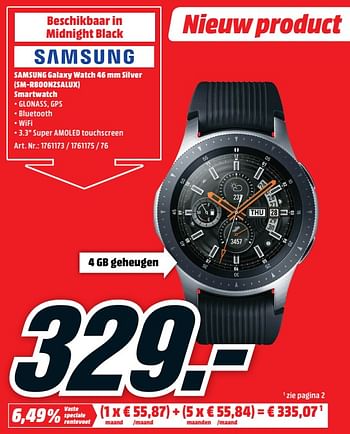 Promoties Samsung galaxy watch 46 mm silver (sm-r800nzsalux) smartwatch - Samsung - Geldig van 24/09/2018 tot 30/09/2018 bij Media Markt