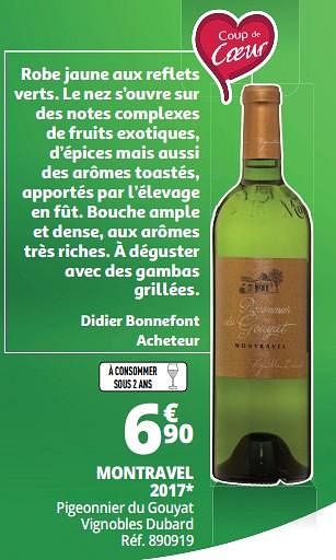 Promoties Montravel 2017 pigeonnier du gouyat vignobles dubard - Witte wijnen - Geldig van 25/09/2018 tot 07/10/2018 bij Auchan