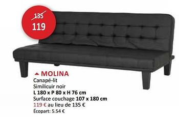Promotions Molina canapé-lit similicuir noir - Produit maison - Weba - Valide de 19/09/2018 à 18/10/2018 chez Weba