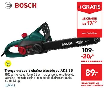 Promoties Bosch tronçonneuse à chaîne électrique ake 35 - Bosch - Geldig van 26/09/2018 tot 09/10/2018 bij Makro
