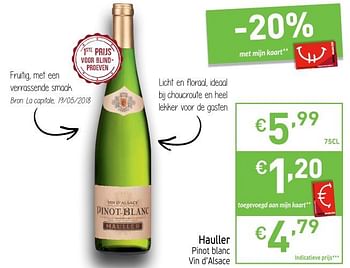 Promoties Hauller pinot blanc vin d` alsace - Witte wijnen - Geldig van 25/09/2018 tot 30/09/2018 bij Intermarche