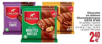 Promotions Chocolat en bâtons chocoladerepen - Cote D'Or - Valide de 25/09/2018 à 01/10/2018 chez Cora