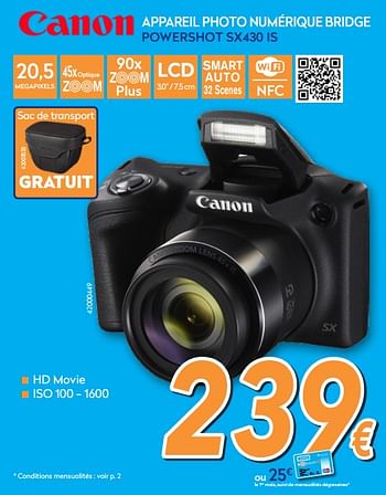 Promotions Canon appareil photo numérique bridge powershot sx430 is - Canon - Valide de 24/09/2018 à 24/10/2018 chez Krefel
