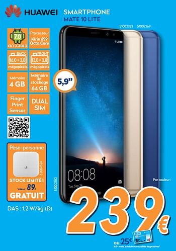 Promotions Huawei smartphone mate 10 lite - Huawei - Valide de 24/09/2018 à 24/10/2018 chez Krefel