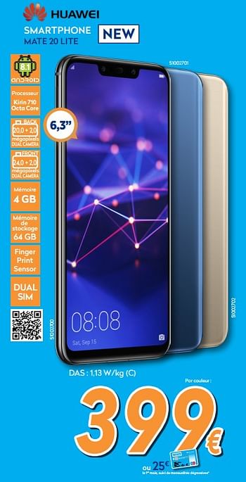 Promotions Huawei smartphone mate 20 lite - Huawei - Valide de 24/09/2018 à 24/10/2018 chez Krefel