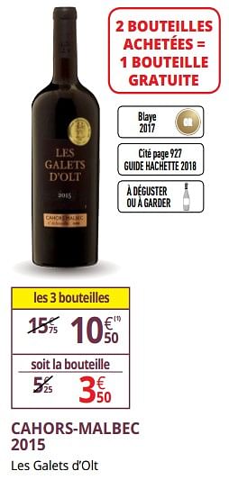 Promotions Cahors-malbec 2015 les galets d`olt - Vins rouges - Valide de 25/09/2018 à 07/10/2018 chez Auchan Ronq