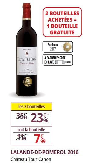Promoties Lalande-de-pomerol 2016 château tour canon - Rode wijnen - Geldig van 25/09/2018 tot 07/10/2018 bij Auchan