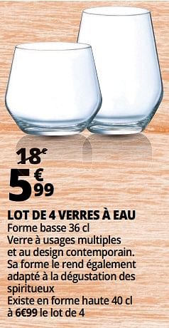 Promotions Lot de 4 verres à eau - Produit Maison - Auchan Ronq - Valide de 25/09/2018 à 07/10/2018 chez Auchan Ronq