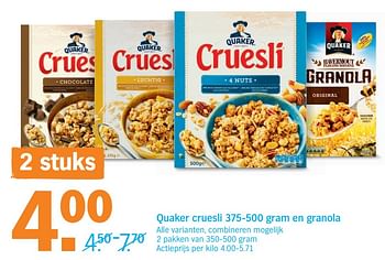 Promoties Quaker cruesli 375-500 gram en granola - Quaker - Geldig van 24/09/2018 tot 30/09/2018 bij Albert Heijn