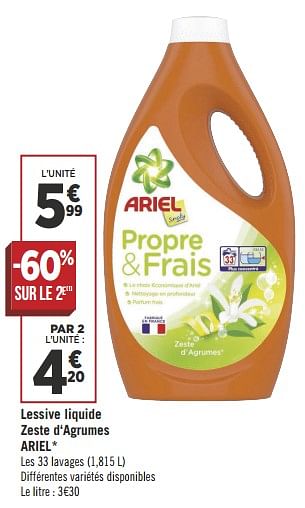 Promoties Lessive liquide zeste d`agrumes ariel - Ariel - Geldig van 25/09/2018 tot 07/10/2018 bij Géant Casino