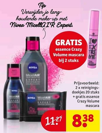 Promoties Reinigingsdoekjes + gratis essence crazy volume mascara - Nivea - Geldig van 25/09/2018 tot 07/10/2018 bij Kruidvat