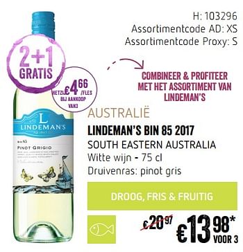 Promoties Australië lindeman`s bin 85 2017 south eastern australia witte wijn - Witte wijnen - Geldig van 20/09/2018 tot 17/10/2018 bij Delhaize