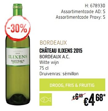 Promoties Bordeaux château ilixens 2015 bordeaux a.c. witte wijn - Witte wijnen - Geldig van 20/09/2018 tot 17/10/2018 bij Delhaize