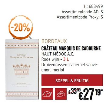 Promoties Bordeaux château marquis de cadourne haut médoc a.c. rode wijn - Rode wijnen - Geldig van 20/09/2018 tot 17/10/2018 bij Delhaize