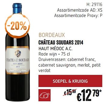 Promoties Bordeaux château soudars 2014 haut médoc a.c. rode wijn - Rode wijnen - Geldig van 20/09/2018 tot 17/10/2018 bij Delhaize