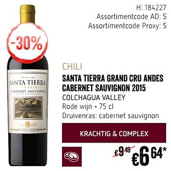 Promoties Chili santa tierra grand cru andes cabernet sauvignon 2015 colchagua valley rode wijn - Rode wijnen - Geldig van 20/09/2018 tot 17/10/2018 bij Delhaize