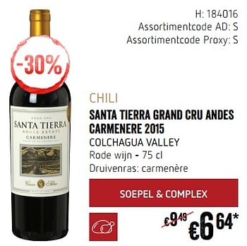 Promoties Chili santa tierra grand cru andes carmenere 2015 colchagua valley rode wijn - Rode wijnen - Geldig van 20/09/2018 tot 17/10/2018 bij Delhaize