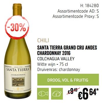 Promoties Chili santa tierra grand cru andes chardonnay 2016 colchagua valley witte wijn - Witte wijnen - Geldig van 20/09/2018 tot 17/10/2018 bij Delhaize