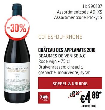 Promoties Côtes-du-rhône château des applanats 2016 beaumes de venise a.c. rode wijn - Rode wijnen - Geldig van 20/09/2018 tot 17/10/2018 bij Delhaize