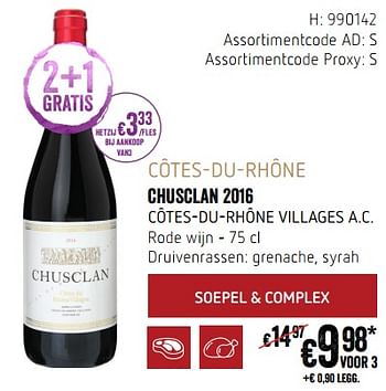 Promoties Côtes-du-rhône chusclan 2016 côtes-du-rhône villages a.c. rode wijn - Rode wijnen - Geldig van 20/09/2018 tot 17/10/2018 bij Delhaize