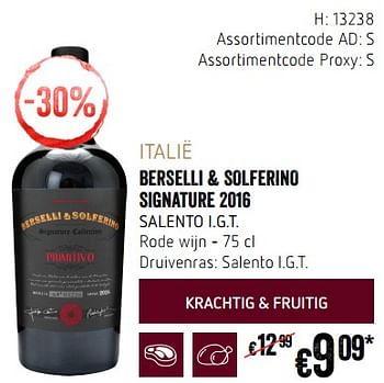 Promoties Italië berselli + solferino signature 2016 salento i.g.t. rode wijn - Rode wijnen - Geldig van 20/09/2018 tot 17/10/2018 bij Delhaize