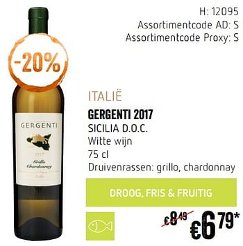 Promotions Italië gergenti 2017 sicilia d.o.c. witte wijn - Vins blancs - Valide de 20/09/2018 à 17/10/2018 chez Delhaize