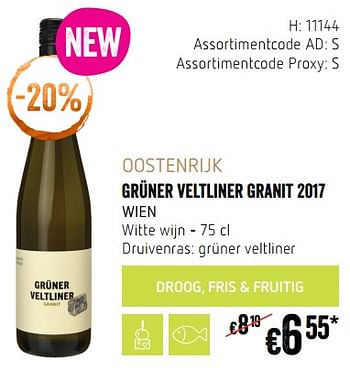 Promotions Oostenrijk grüner veltliner granit 2017 wien witte wijn - Vins blancs - Valide de 20/09/2018 à 17/10/2018 chez Delhaize