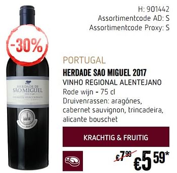 Promoties Portugal herdade sao miguel 2017 vinho regional alentejano rode wijn - Rode wijnen - Geldig van 20/09/2018 tot 17/10/2018 bij Delhaize