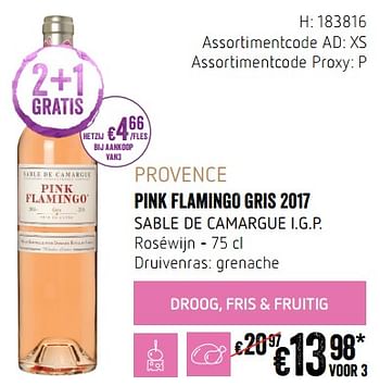 Promoties Provence pink flamingo gris 2017 sable de camargue i.g.p. roséwijn - Rosé wijnen - Geldig van 20/09/2018 tot 17/10/2018 bij Delhaize