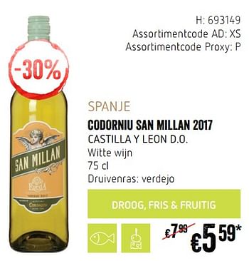 Promotions Spanje codorniu san millan 2017 castilla y leon d.o. witte wijn - Vins blancs - Valide de 20/09/2018 à 17/10/2018 chez Delhaize