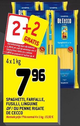 Promotions Spaghetti, farfalle, fusilli, linguine of - ou penne rigate de cecco - De Cecco - Valide de 26/09/2018 à 09/10/2018 chez Match