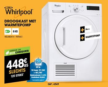 Promoties Whirlpool droogkast met warmtepomp hdlx80414 - Whirlpool - Geldig van 27/09/2018 tot 17/10/2018 bij Electro Depot