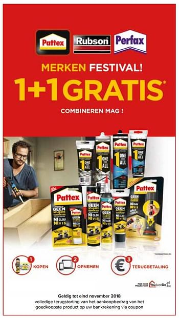 Promoties Merken festival! 1+1 gratis combineren mag - Pattex - Geldig van 28/09/2018 tot 21/10/2018 bij Euro Shop