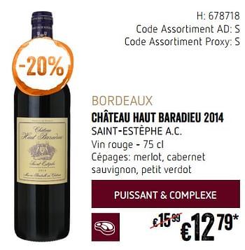 Promotions Bordeaux château haut baradieu 2014 saint-estèphe a.c. vin rouge - Vins rouges - Valide de 20/09/2018 à 17/10/2018 chez Delhaize