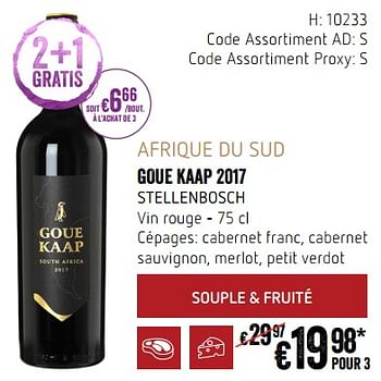 Promoties Afrique du sud goue kaap 2017 stellenbosch vin rouge - Rode wijnen - Geldig van 20/09/2018 tot 17/10/2018 bij Delhaize